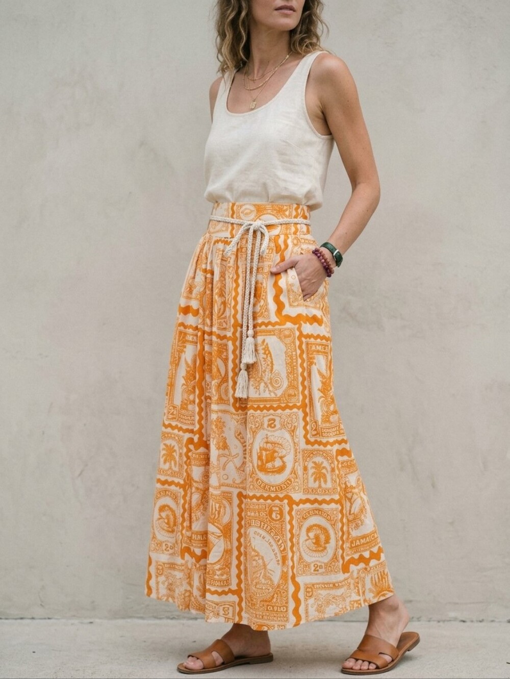 Artelier Nicole Miller Bermuda Postage Stamp Linen Maxi Skirt NWT Sz XS